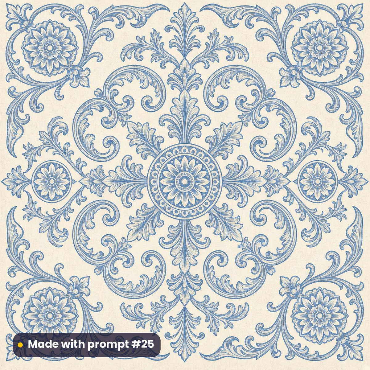 Antique Blue Heritage Scroll Tile artwork for a square slate coaster, made with prompt #25 from the Blue and White Heritage Tile Tableware Prompt Pack