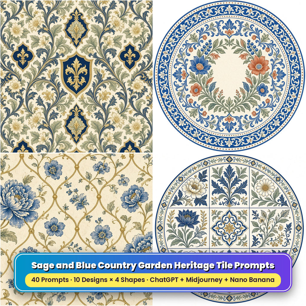 Sage and Blue Country Garden Heritage Tile Tableware Prompt Pack title card: English Manor Heritage Pattern (Square), Heritage Botanical Wreath Tile (Circular), Heritage Floral Lattice (3:2), Heritage Botanical Tile Grid (Circular), made with prompts #1, #6, #11, #14