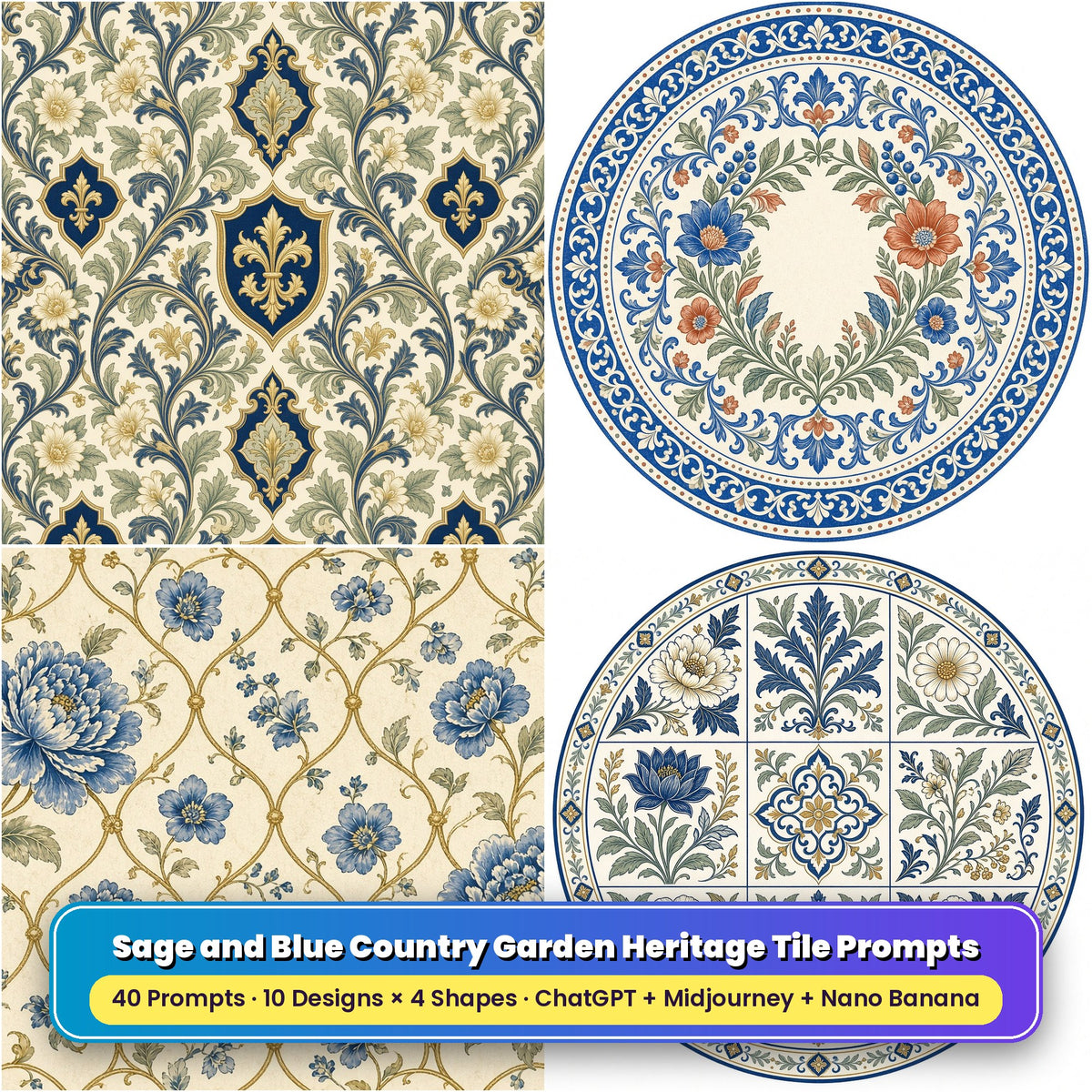Sage and Blue Country Garden Heritage Tile Tableware Prompt Pack title card: English Manor Heritage Pattern (Square), Heritage Botanical Wreath Tile (Circular), Heritage Floral Lattice (3:2), Heritage Botanical Tile Grid (Circular), made with prompts #1, #6, #11, #14