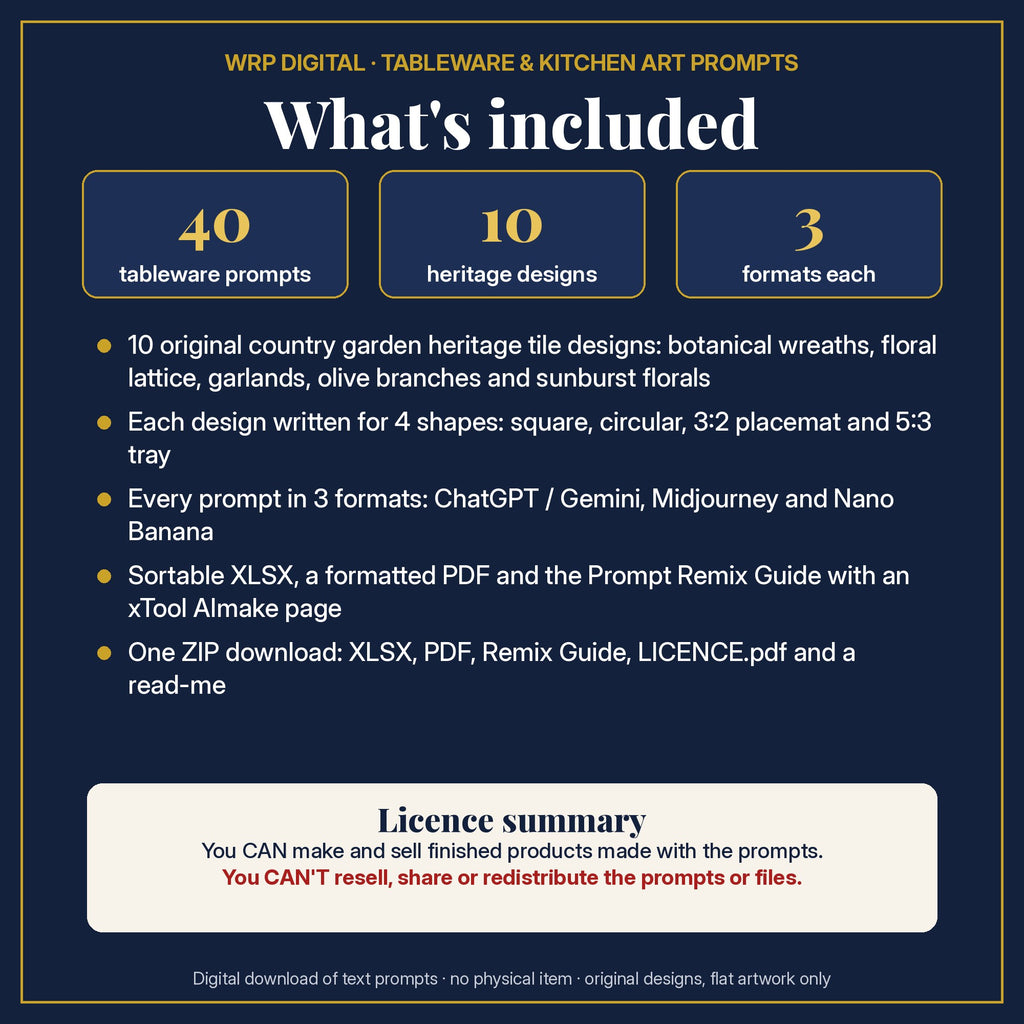 What's included in the Sage and Blue Country Garden Heritage Tile Tableware Prompt Pack: 40 prompts, 10 sage and blue country garden heritage tile designs in 4 shapes, 3 formats, XLSX and PDF, Prompt Remix Guide, ZIP and a licence summary