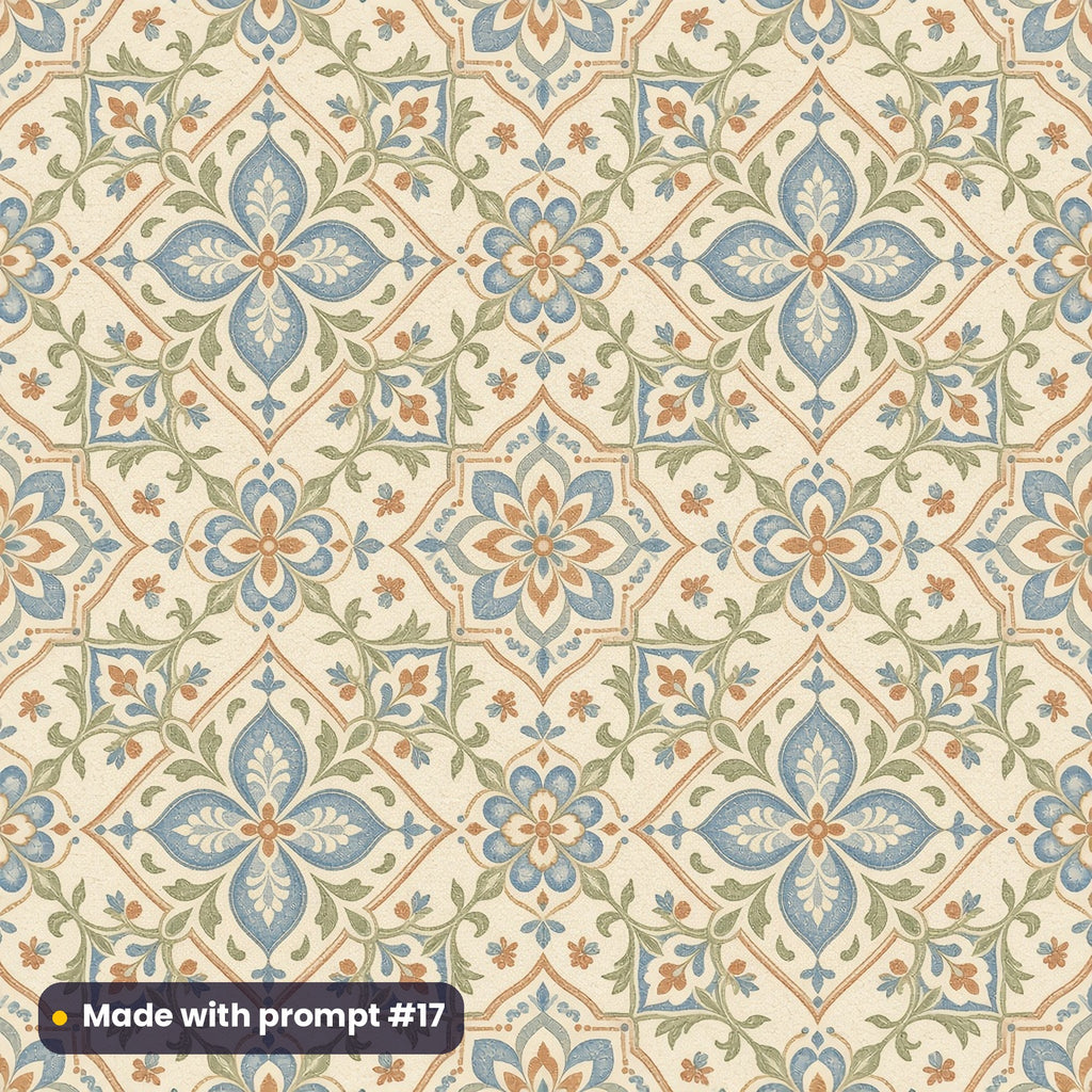 Soft Heritage Country Tile artwork for a square gift-box lid, made with prompt #17 from the Sage and Blue Country Garden Heritage Tile Tableware Prompt Pack