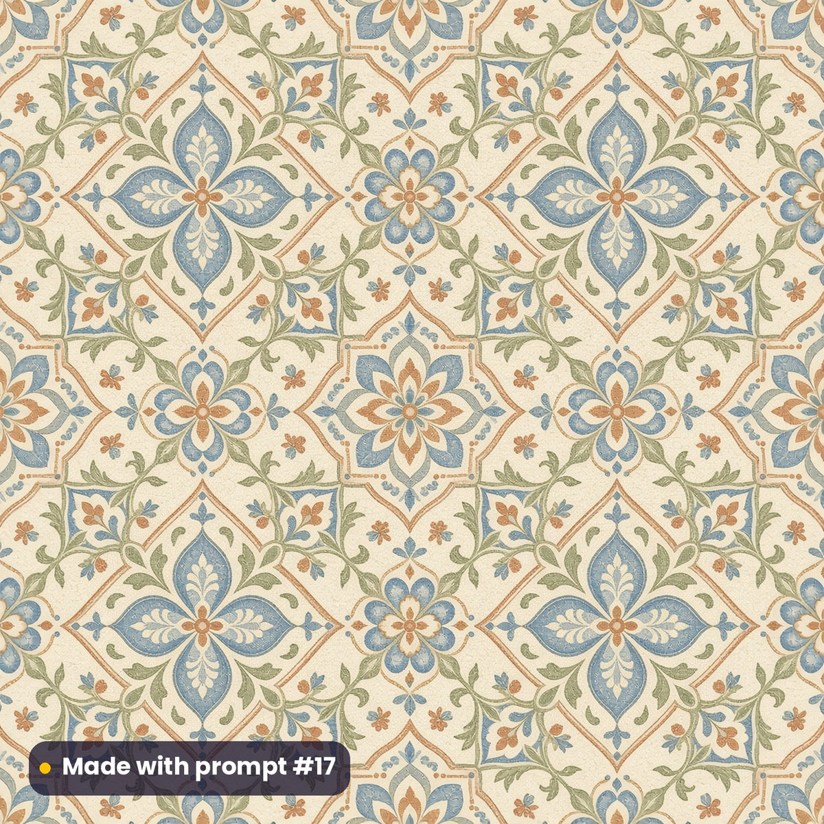 Soft Heritage Country Tile artwork for a square gift-box lid, made with prompt #17 from the Sage and Blue Country Garden Heritage Tile Tableware Prompt Pack