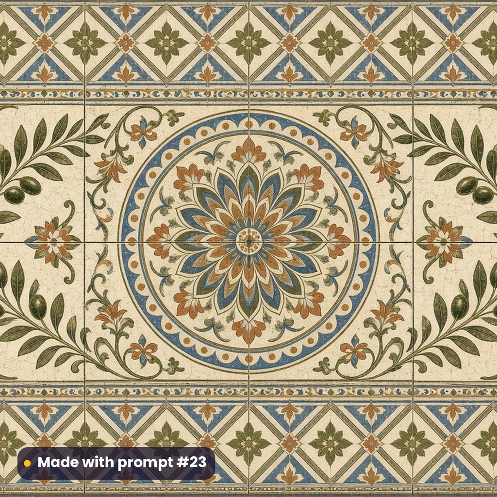 Heritage Olive Branch Tilework tile artwork for a serving board, made with prompt #23 from the Sage and Blue Country Garden Heritage Tile Tableware Prompt Pack