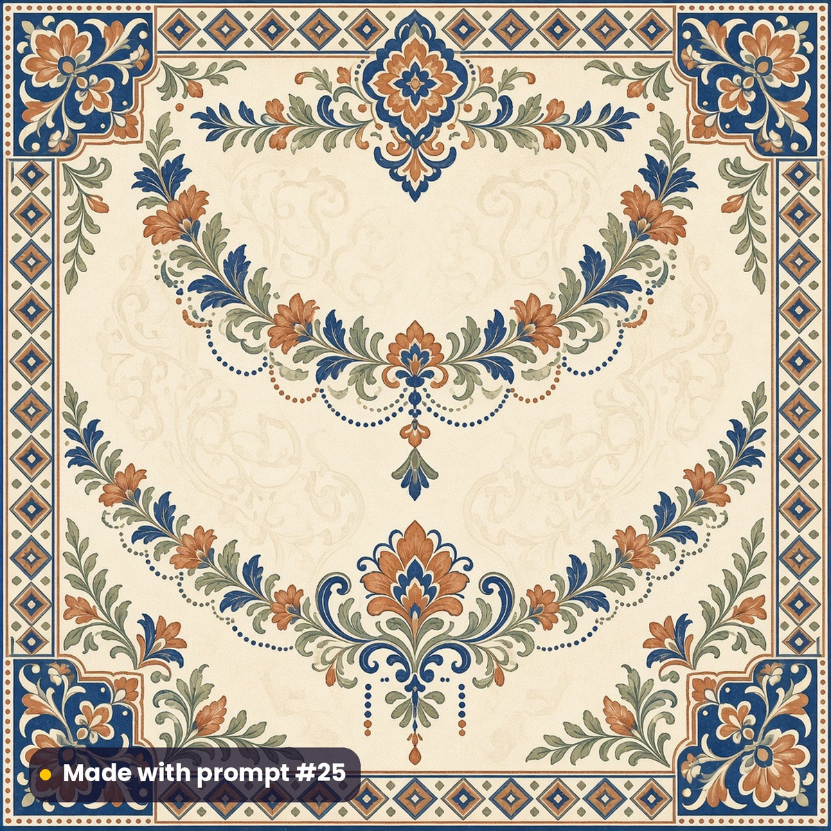 Heritage Tile Garland Collection tile artwork for a square slate coaster, made with prompt #25 from the Sage and Blue Country Garden Heritage Tile Tableware Prompt Pack