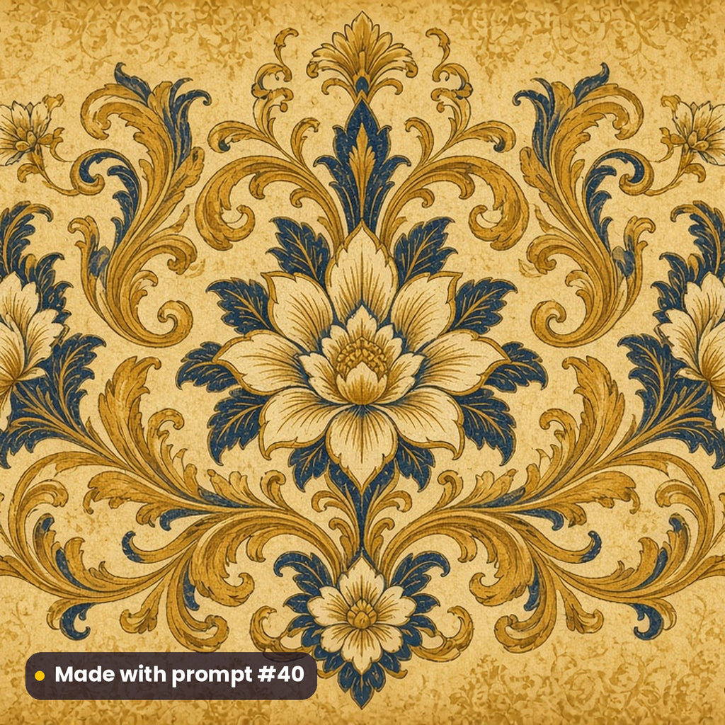 Antique Ochre Floral Scroll tile artwork for a 5:3 serving tray, made with prompt #40 from the Sage and Blue Country Garden Heritage Tile Tableware Prompt Pack