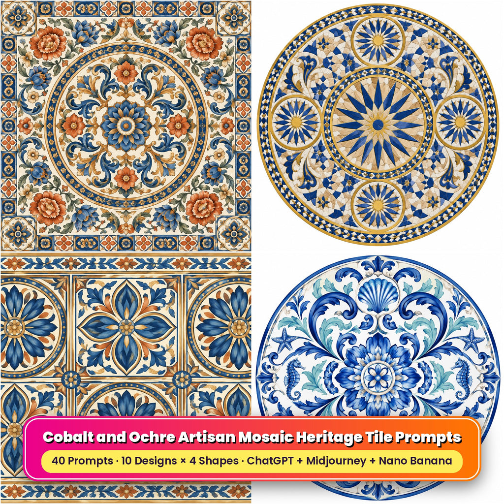 Cobalt and Ochre Artisan Mosaic Heritage Tile Tableware Prompt Pack title card: Heritage Grand Medallion Collection (Square), Heritage Starburst Mosaic (Circular), Heritage Rosette Tile Collection (3:2), Portuguese Coastal Heritage Tile (Circular), made with prompts #1, #6, #11, #14