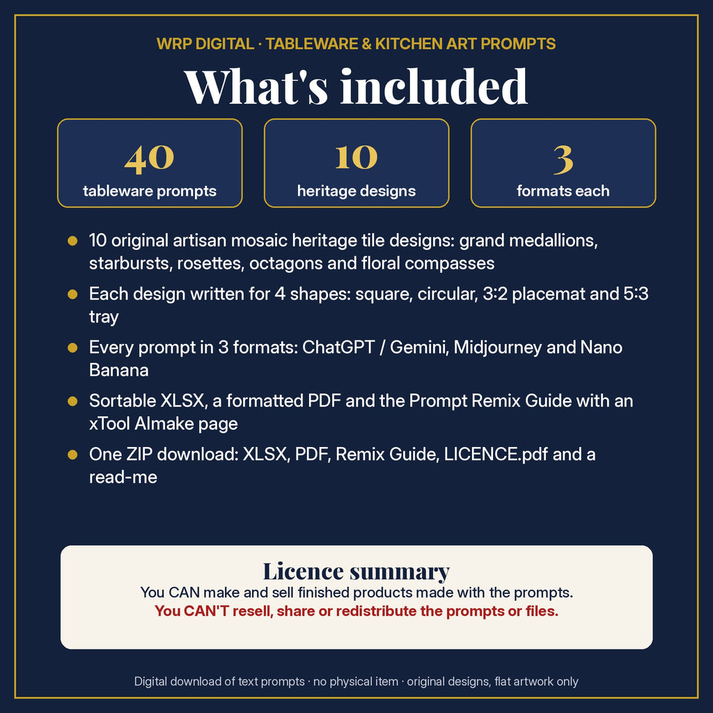 What's included in the Cobalt and Ochre Artisan Mosaic Heritage Tile Tableware Prompt Pack: 40 prompts, 10 cobalt and ochre artisan mosaic heritage tile designs in 4 shapes, 3 formats, XLSX and PDF, Prompt Remix Guide, ZIP and a licence summary