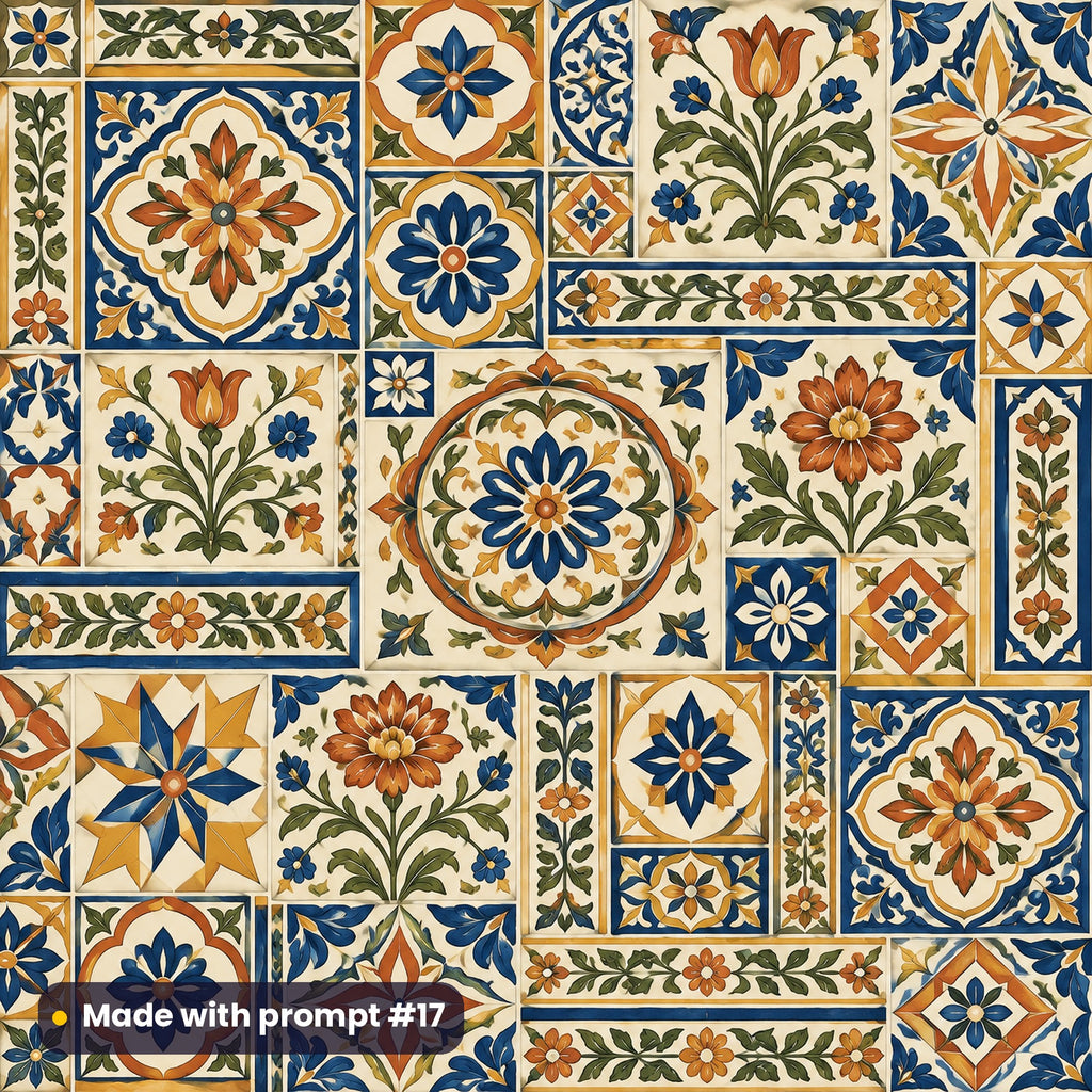 Heritage Tile Patchwork Mix tile artwork for a square gift-box lid, made with prompt #17 from the Cobalt and Ochre Artisan Mosaic Heritage Tile Tableware Prompt Pack
