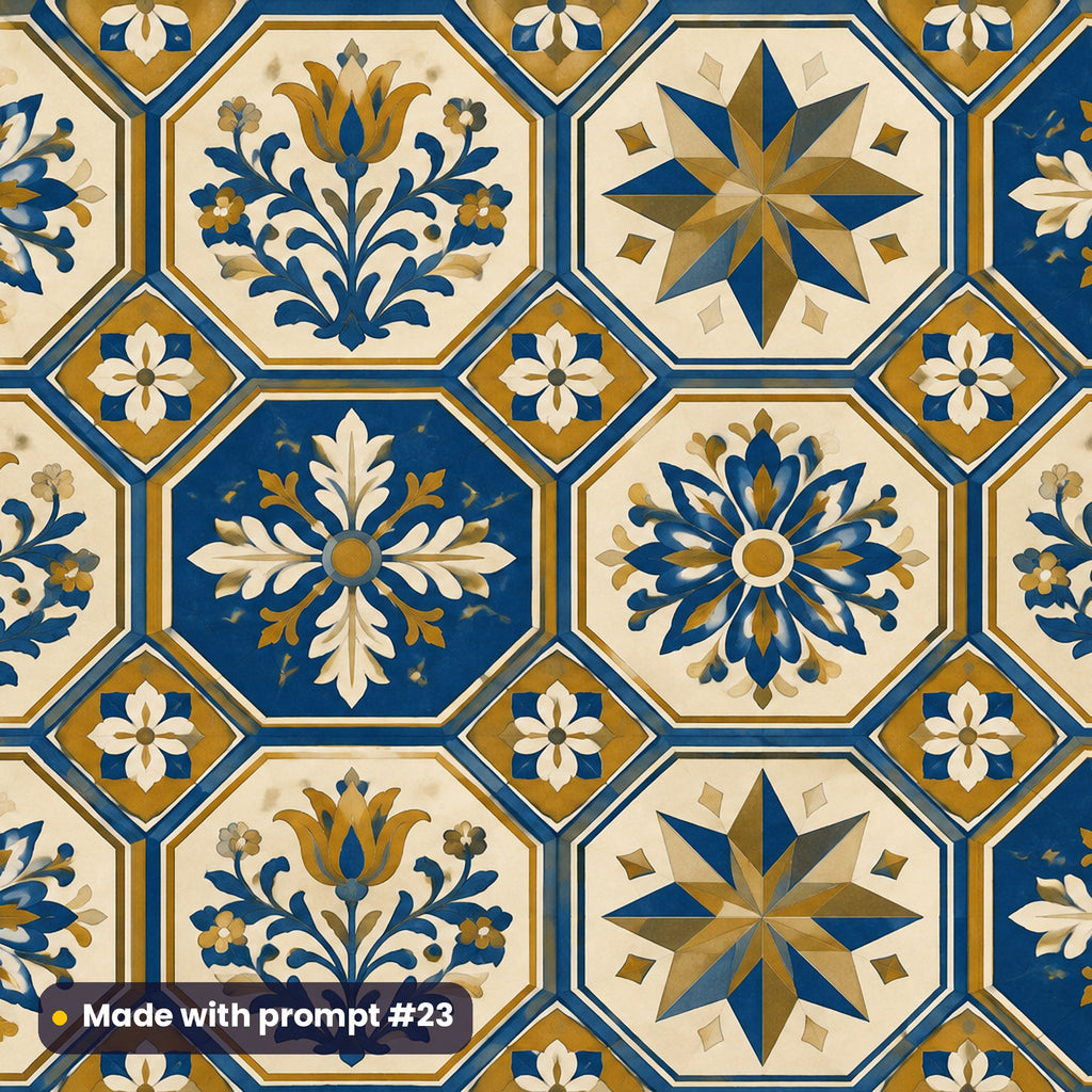 Heritage Octagon Tile Design tile artwork for a serving board, made with prompt #23 from the Cobalt and Ochre Artisan Mosaic Heritage Tile Tableware Prompt Pack