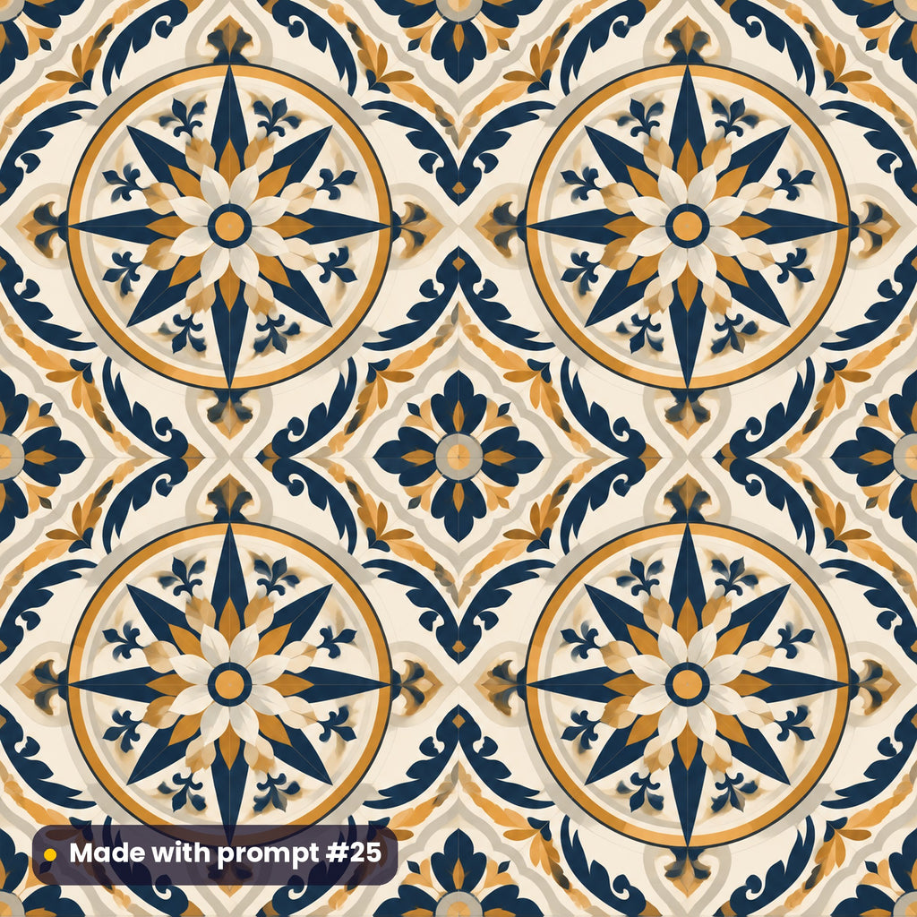 Heritage Floral Compass Pattern tile artwork for a square slate coaster, made with prompt #25 from the Cobalt and Ochre Artisan Mosaic Heritage Tile Tableware Prompt Pack
