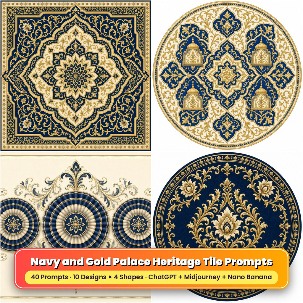 Navy and Gold Palace Heritage Tile Tableware Prompt Pack title card: Heritage Arabesque Navy and Gold (Square), Blue and Gold Palace Heritage (Circular), Heritage Navy Rosette Luxe (3:2), Heritage Gold Leaf Ornament (Circular), made with prompts #1, #6, #11, #14
