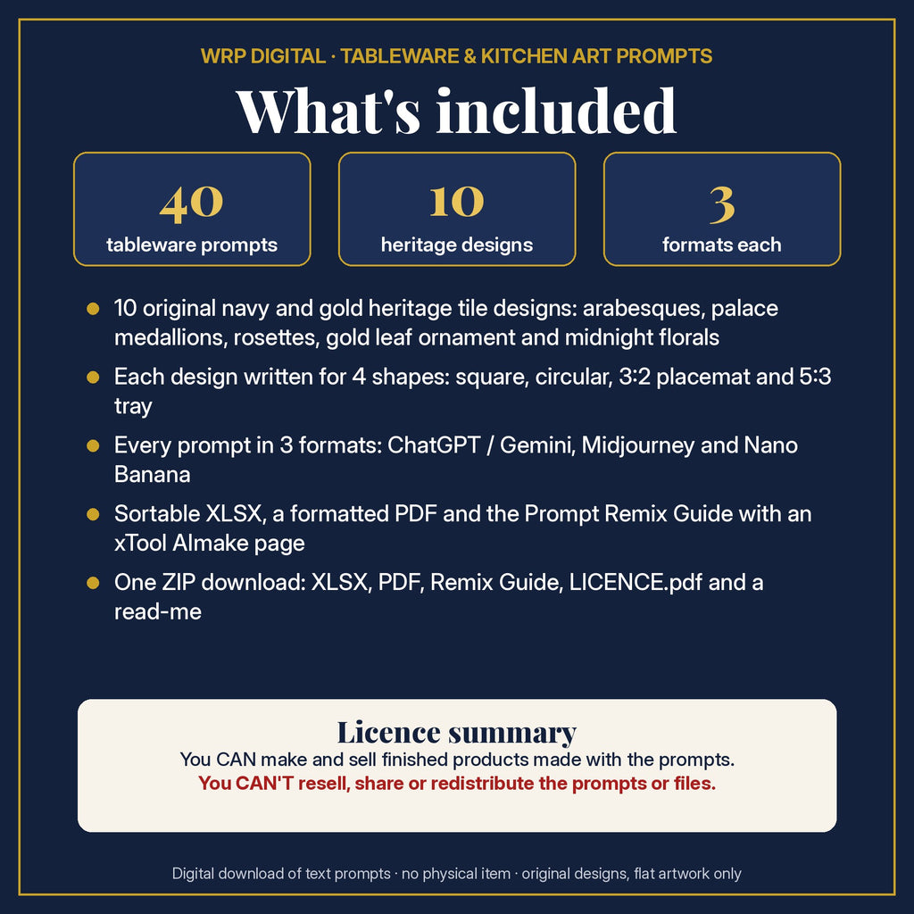 What's included in the Navy and Gold Palace Heritage Tile Tableware Prompt Pack: 40 prompts, 10 navy and gold palace heritage tile designs in 4 shapes, 3 formats, XLSX and PDF, Prompt Remix Guide, ZIP and a licence summary