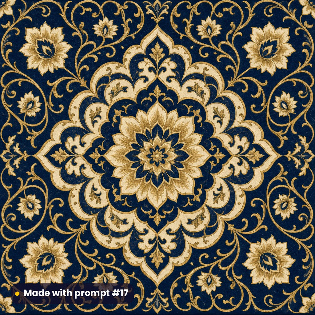 Heritage Midnight Floral Tile artwork for a square gift-box lid, made with prompt #17 from the Navy and Gold Palace Heritage Tile Tableware Prompt Pack