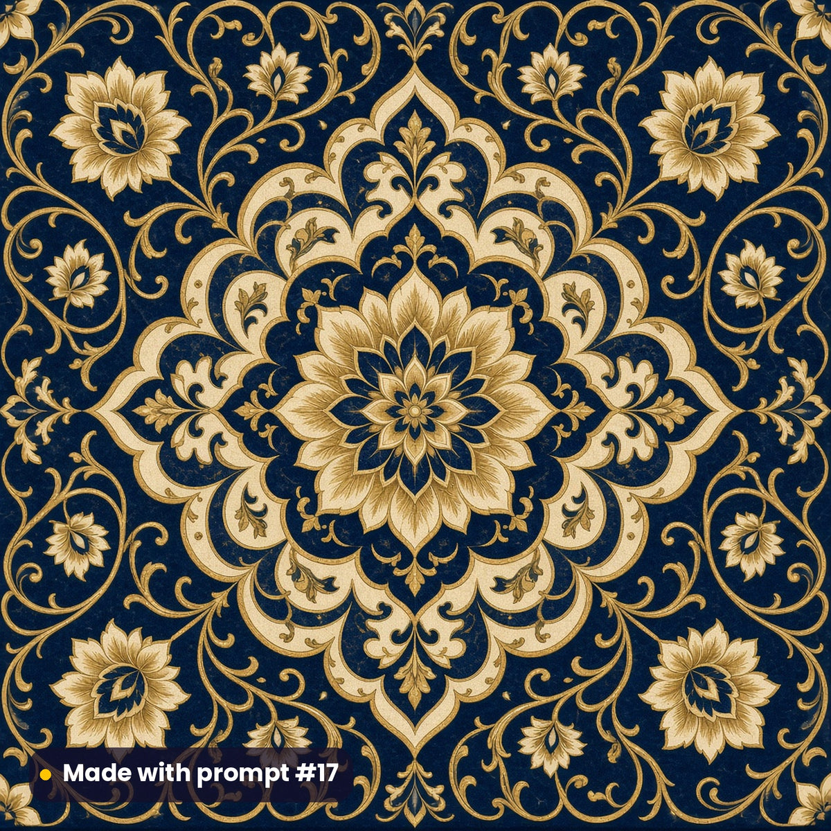 Heritage Midnight Floral Tile artwork for a square gift-box lid, made with prompt #17 from the Navy and Gold Palace Heritage Tile Tableware Prompt Pack