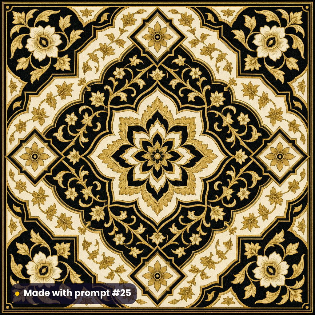 Heritage Black and Gold Tile Drama tile artwork for a square slate coaster, made with prompt #25 from the Navy and Gold Palace Heritage Tile Tableware Prompt Pack