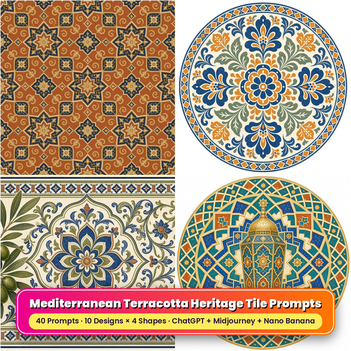 Mediterranean Terracotta Heritage Tile Tableware Prompt Pack title card: Terracotta Moorish Heritage Pattern (Square), Saffron and Indigo Folk Tile (Circular), Olive and Blue Mediterranean Heritage (3:2), Moroccan Lantern Heritage Motif (Circular), made with prompts #1, #6, #11, #14