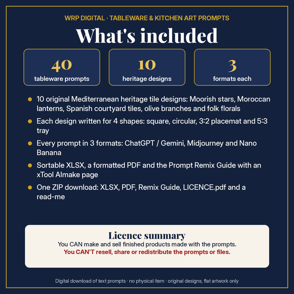 What's included in the Mediterranean Terracotta Heritage Tile Tableware Prompt Pack: 40 prompts, 10 Mediterranean terracotta heritage tile designs in 4 shapes, 3 formats, XLSX and PDF, Prompt Remix Guide, ZIP and a licence summary
