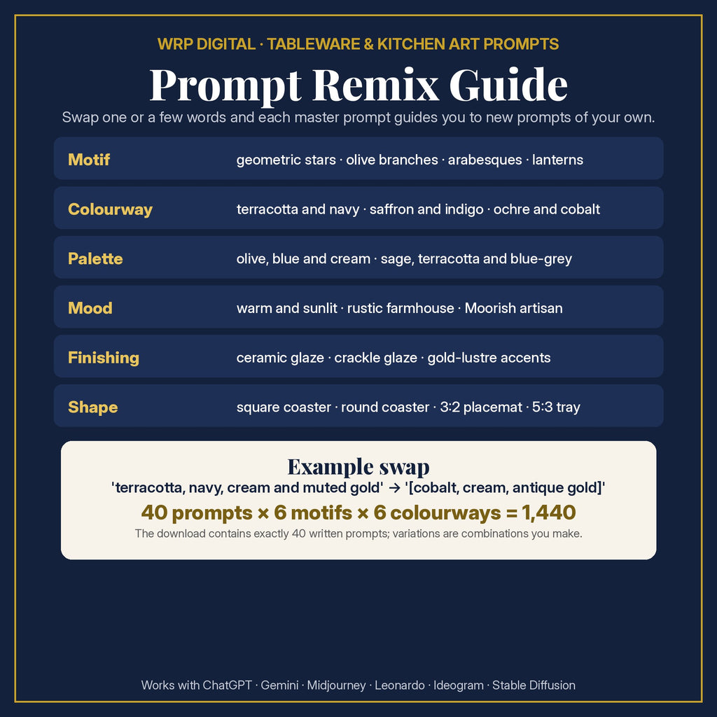 Prompt Remix Guide: change the motif, colourway, palette, mood, finishing or shape; 40 prompts × 6 motifs × 6 colourways = 1,440 combinations you can create