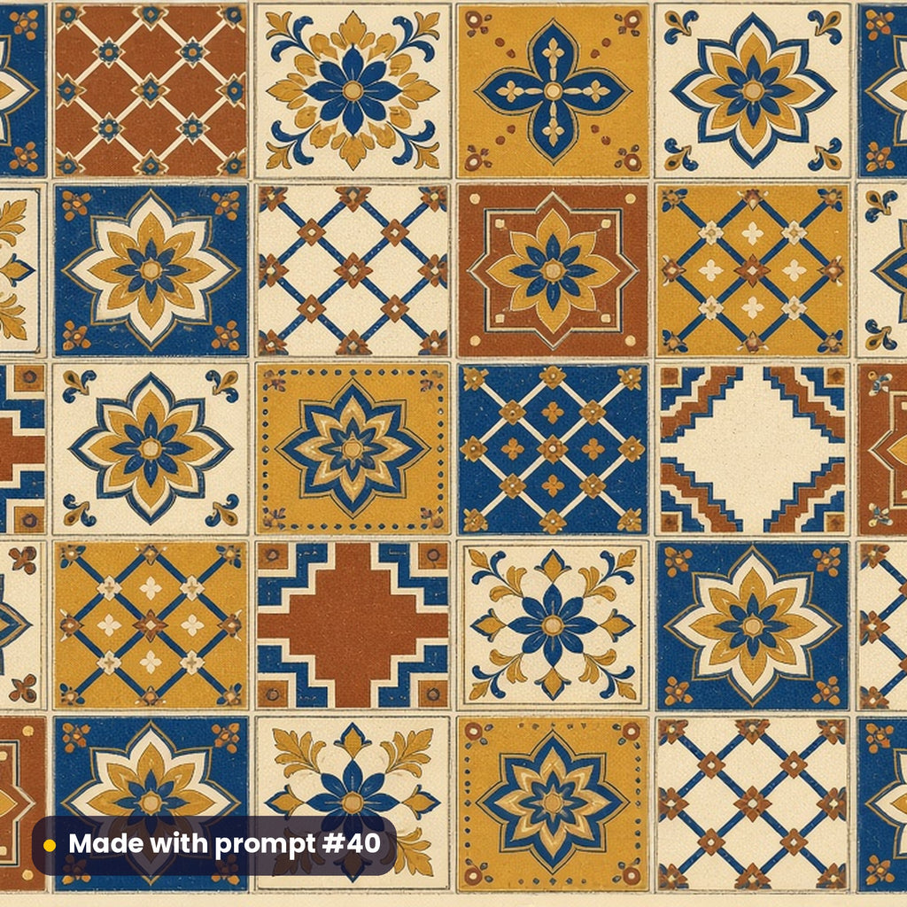 Heritage Ochre and Cobalt Patch Tile artwork for a 5:3 serving tray, made with prompt #40 from the Mediterranean Terracotta Heritage Tile Tableware Prompt Pack