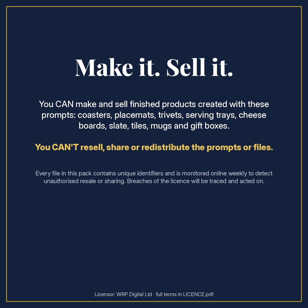 Make it. Sell it. Licence summary for the Mediterranean Terracotta Heritage Tile Tableware Prompt Pack: you can sell finished products made with the prompts, but not the prompts or files