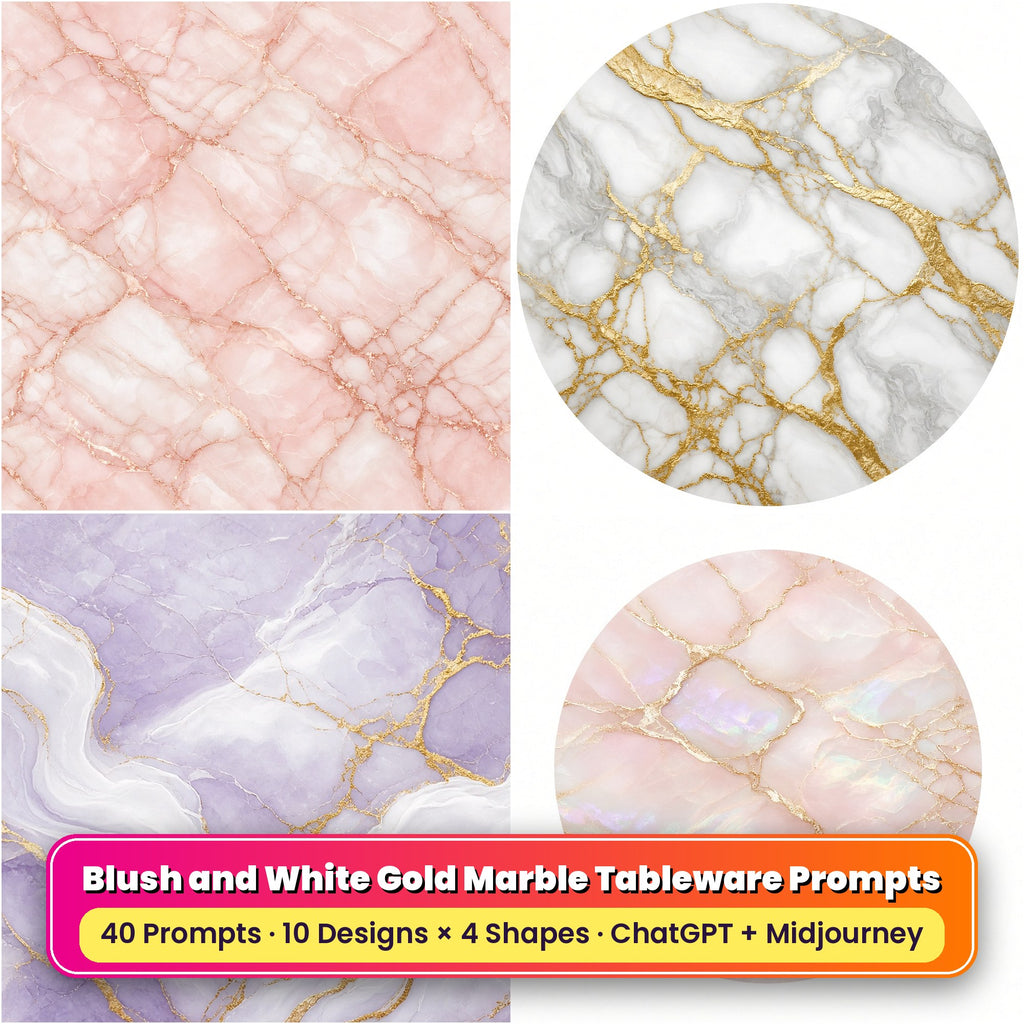 Blush and White Gold Marble Tableware Prompt Pack title card: Blush Rose Gold Marble (Square), Classic White and Gold Vein Marble (Circular), Lavender Gold Marble (3:2), Pearl Blush Opal Marble (Circular), made with prompts #1, #6, #11, #14