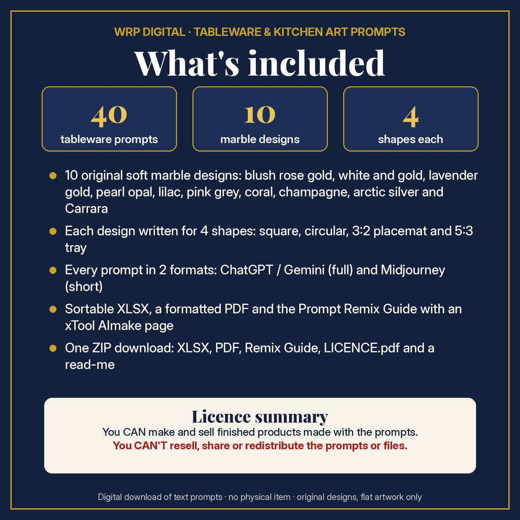 What's included in the Blush and White Gold Marble Tableware Prompt Pack: 40 prompts, 10 blush and white gold marble designs in 4 shapes, 2 formats, XLSX and PDF, Prompt Remix Guide, ZIP and a licence summary