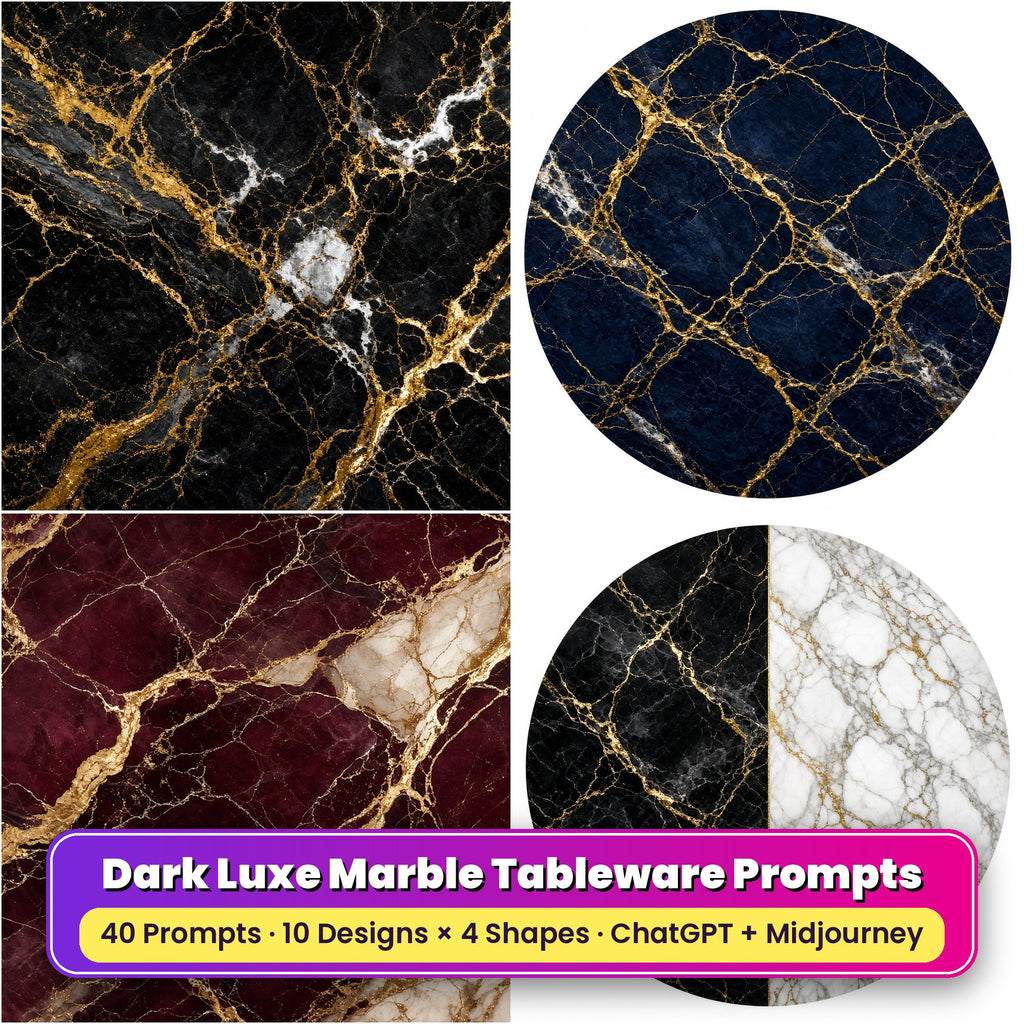 Dark Luxe Marble Tableware Prompt Pack title card: Noir Black and Gold Marble (Square), Midnight Navy Gold Marble (Circular), Burgundy Noir Marble (3:2), Monochrome Split Marble (Circular), made with prompts #1, #6, #11, #14