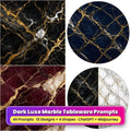 Dark Luxe Marble Tableware Prompt Pack title card: Noir Black and Gold Marble (Square), Midnight Navy Gold Marble (Circular), Burgundy Noir Marble (3:2), Monochrome Split Marble (Circular), made with prompts #1, #6, #11, #14