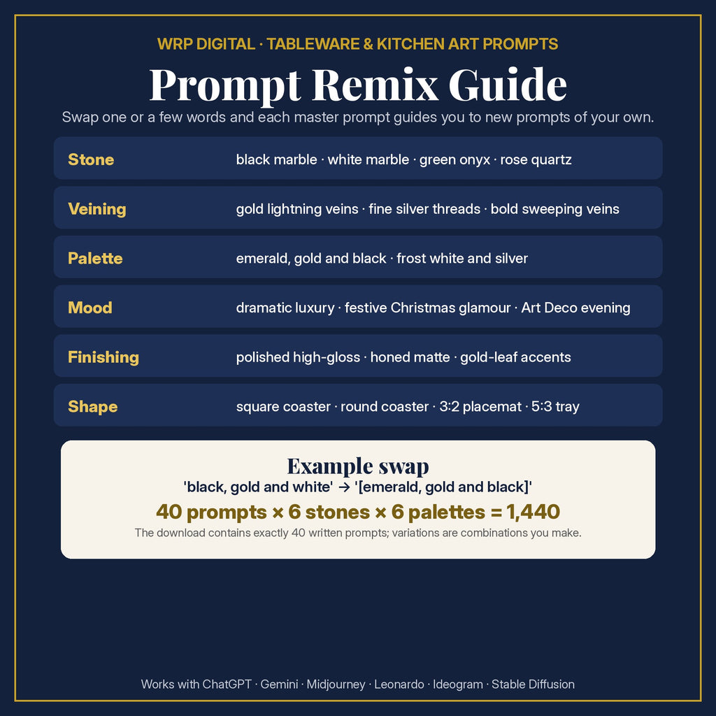 Prompt Remix Guide: change the stone, veining, palette, mood, finishing or shape; 40 prompts × 6 stones × 6 palettes = 1,440 combinations you can create