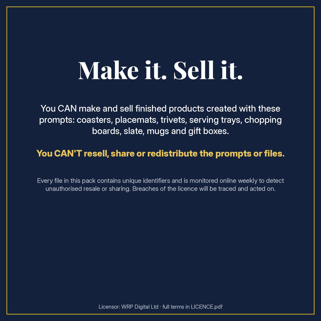 Make it. Sell it. Licence summary for the Dark Luxe Marble Tableware Prompt Pack: you can sell finished products made with the prompts, but not the prompts or files