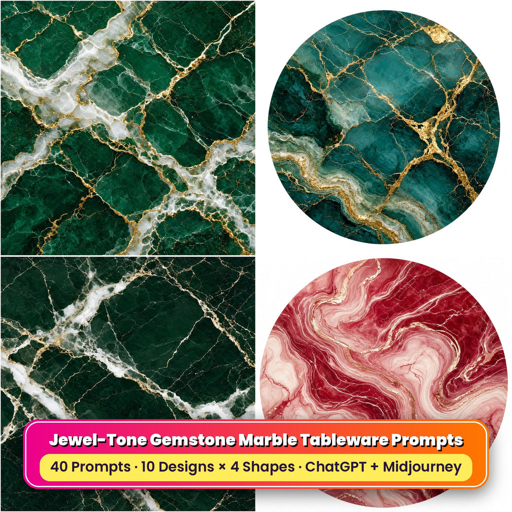 Jewel-Tone Gemstone Marble Tableware Prompt Pack title card: Emerald Green Luxe Marble (Square), Teal Onyx Marble (Circular), Forest Green Heritage Marble (3:2), Ruby Rose Swirl Marble (Circular), made with prompts #1, #6, #11, #14