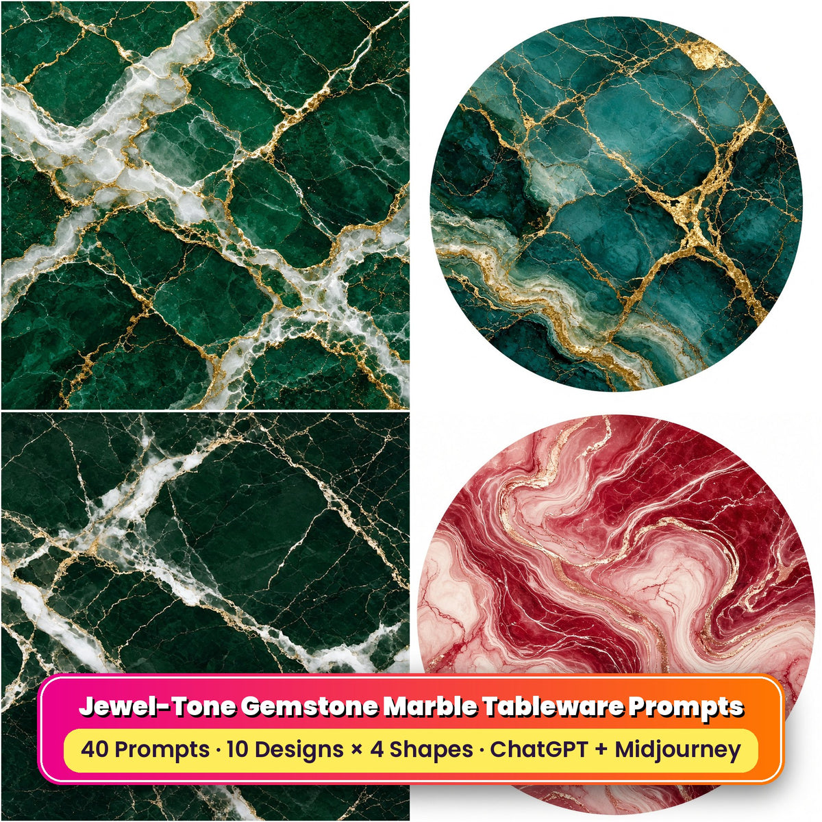 Jewel-Tone Gemstone Marble Tableware Prompt Pack title card: Emerald Green Luxe Marble (Square), Teal Onyx Marble (Circular), Forest Green Heritage Marble (3:2), Ruby Rose Swirl Marble (Circular), made with prompts #1, #6, #11, #14