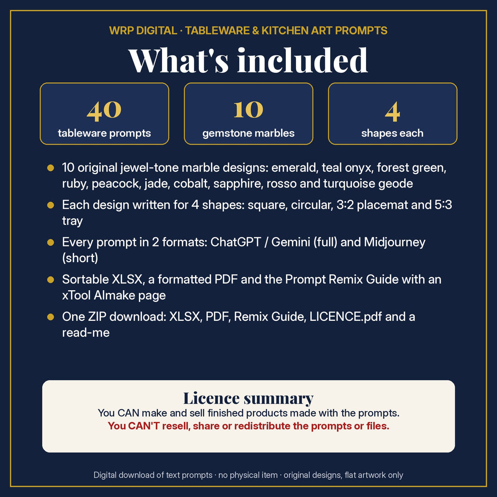 What's included in the Jewel-Tone Gemstone Marble Tableware Prompt Pack: 40 prompts, 10 jewel-tone gemstone marble designs in 4 shapes, 2 formats, XLSX and PDF, Prompt Remix Guide, ZIP and a licence summary