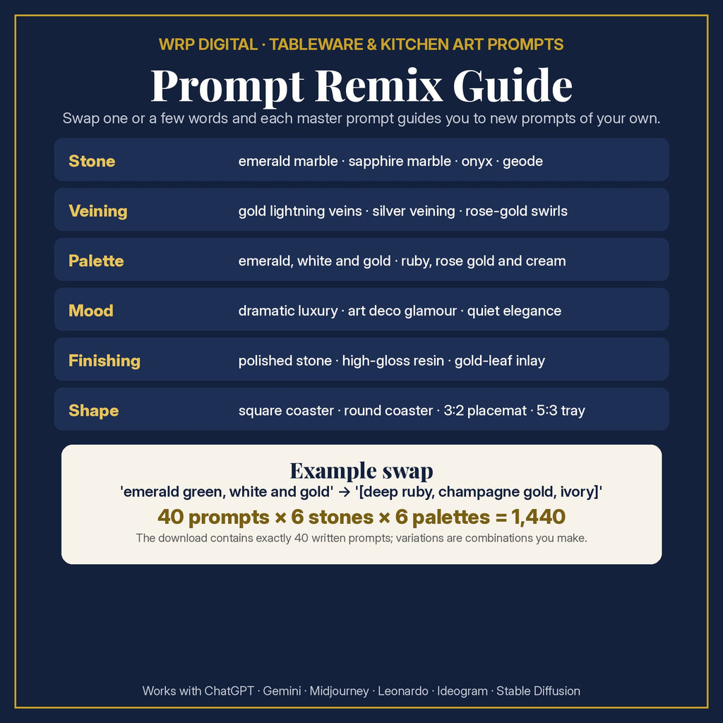 Prompt Remix Guide: change the stone, veining, palette, mood, finishing or shape; 40 prompts × 6 stones × 6 palettes = 1,440 combinations you can create