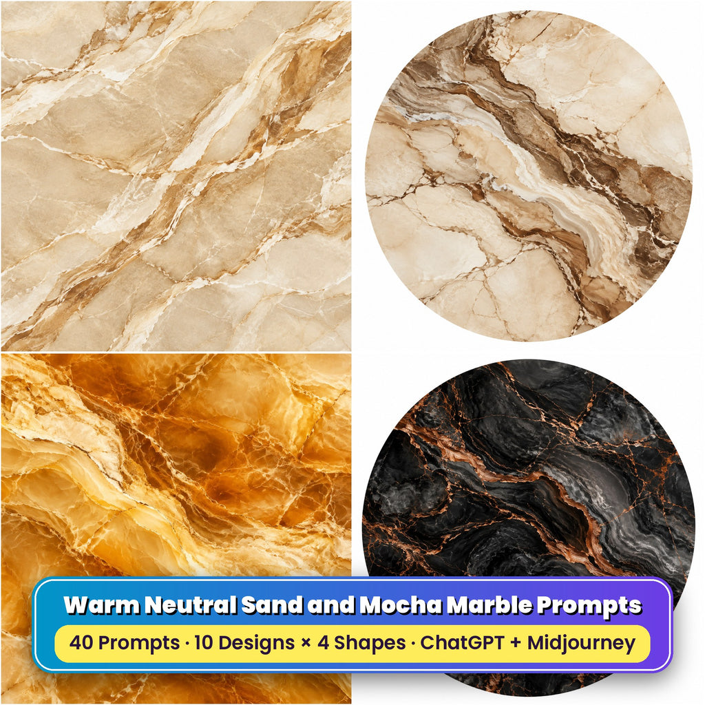 Warm Neutral Sand and Mocha Marble Tableware Prompt Pack title card: Warm Sand Marble (Square), Cappuccino Cream Marble (Circular), Golden Honey Marble (3:2), Charcoal Copper Storm Marble (Circular), made with prompts #1, #6, #11, #14