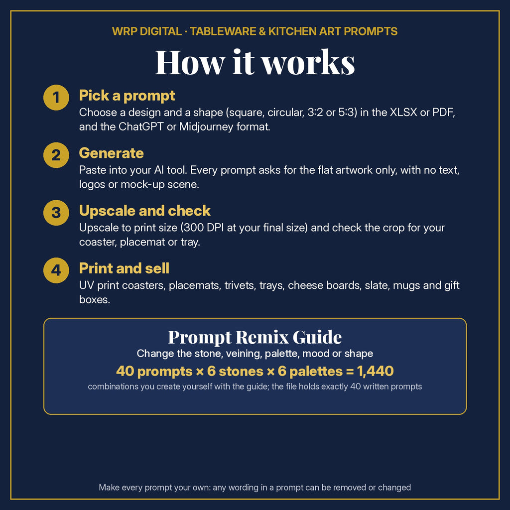Prompt Use Guide in four steps: pick a prompt, generate, upscale and check, print and sell, plus the Remix Guide maths: 40 prompts × 6 stones × 6 palettes = 1,440 combinations