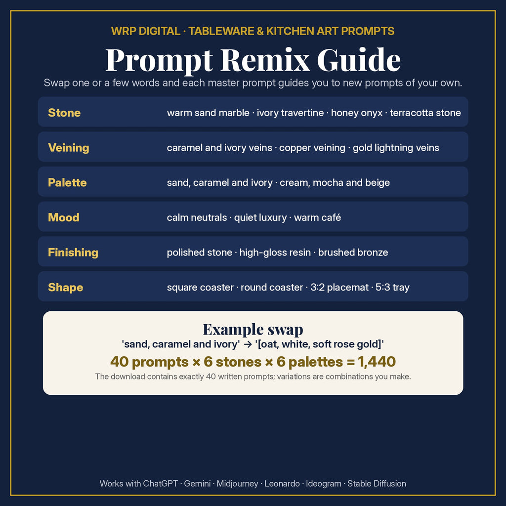 Prompt Remix Guide: change the stone, veining, palette, mood, finishing or shape; 40 prompts × 6 stones × 6 palettes = 1,440 combinations you can create