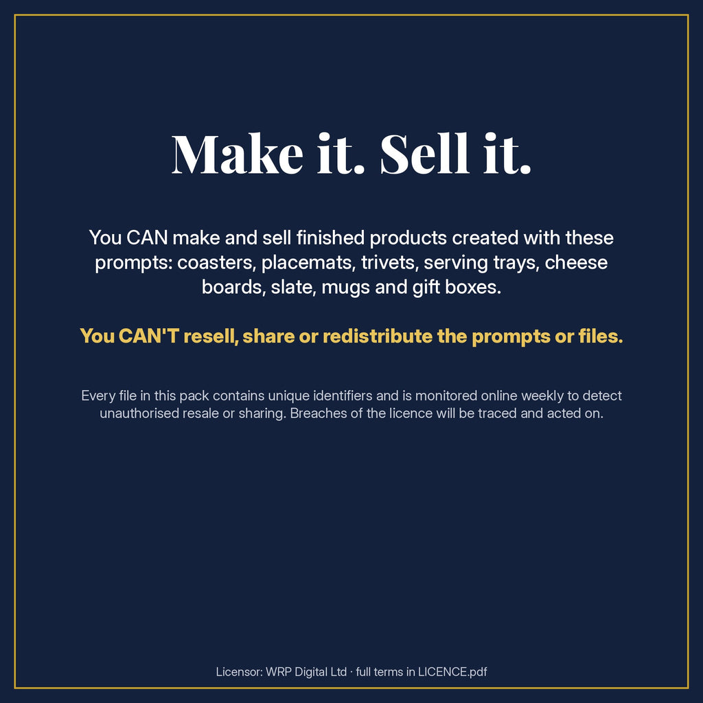Make it. Sell it. Licence summary for the Warm Neutral Sand and Mocha Marble Tableware Prompt Pack: you can sell finished products made with the prompts, but not the prompts or files