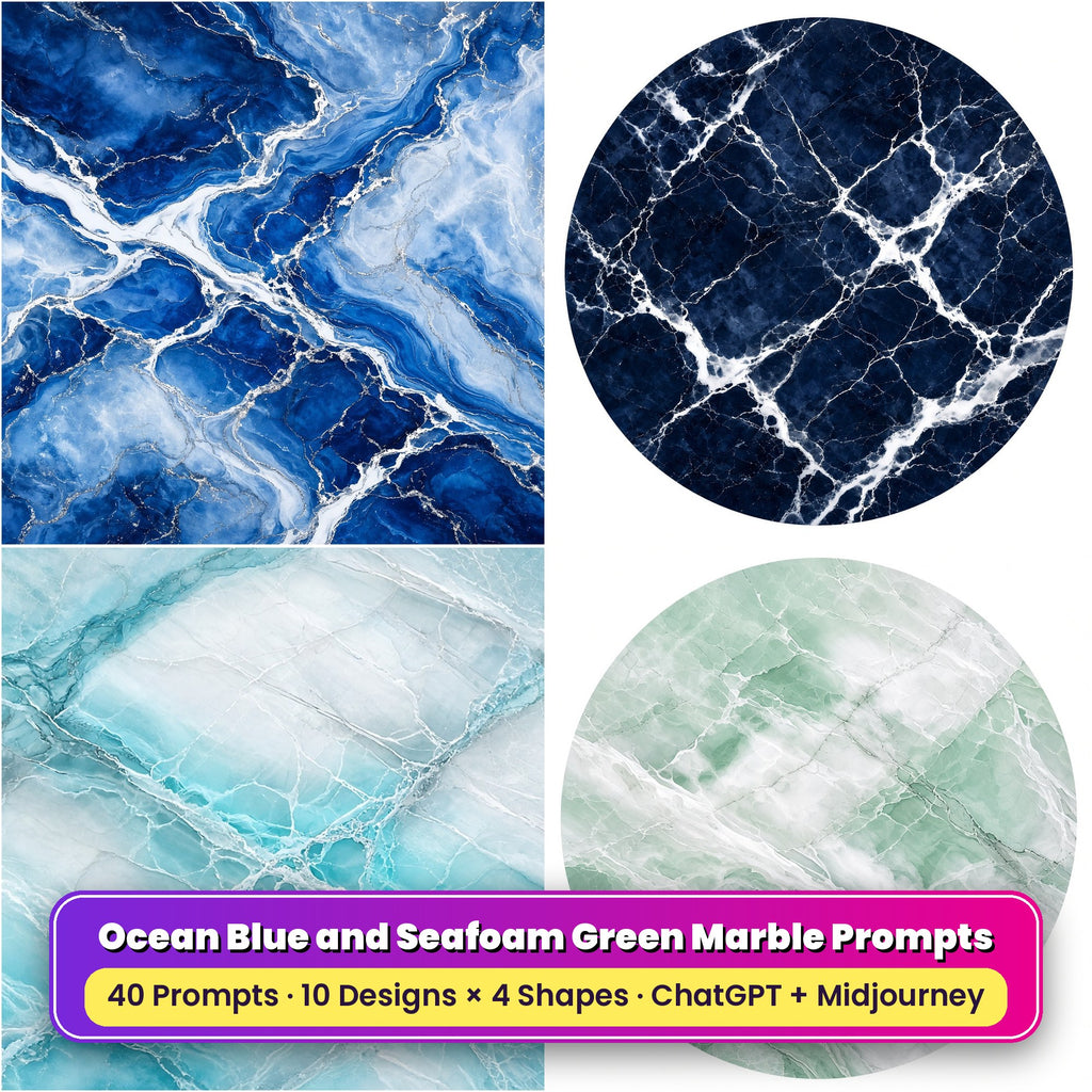 Ocean Blue and Seafoam Green Marble Tableware Prompt Pack title card: Ocean Blue Vein Marble (Square), Midnight Blue and White Marble (Circular), Aqua Ice Marble (3:2), Mint and White Marble (Circular), made with prompts #1, #6, #11, #14
