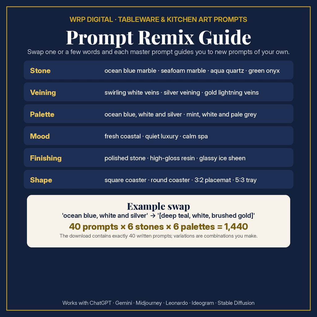 Prompt Remix Guide: change the stone, veining, palette, mood, finishing or shape; 40 prompts × 6 stones × 6 palettes = 1,440 combinations you can create