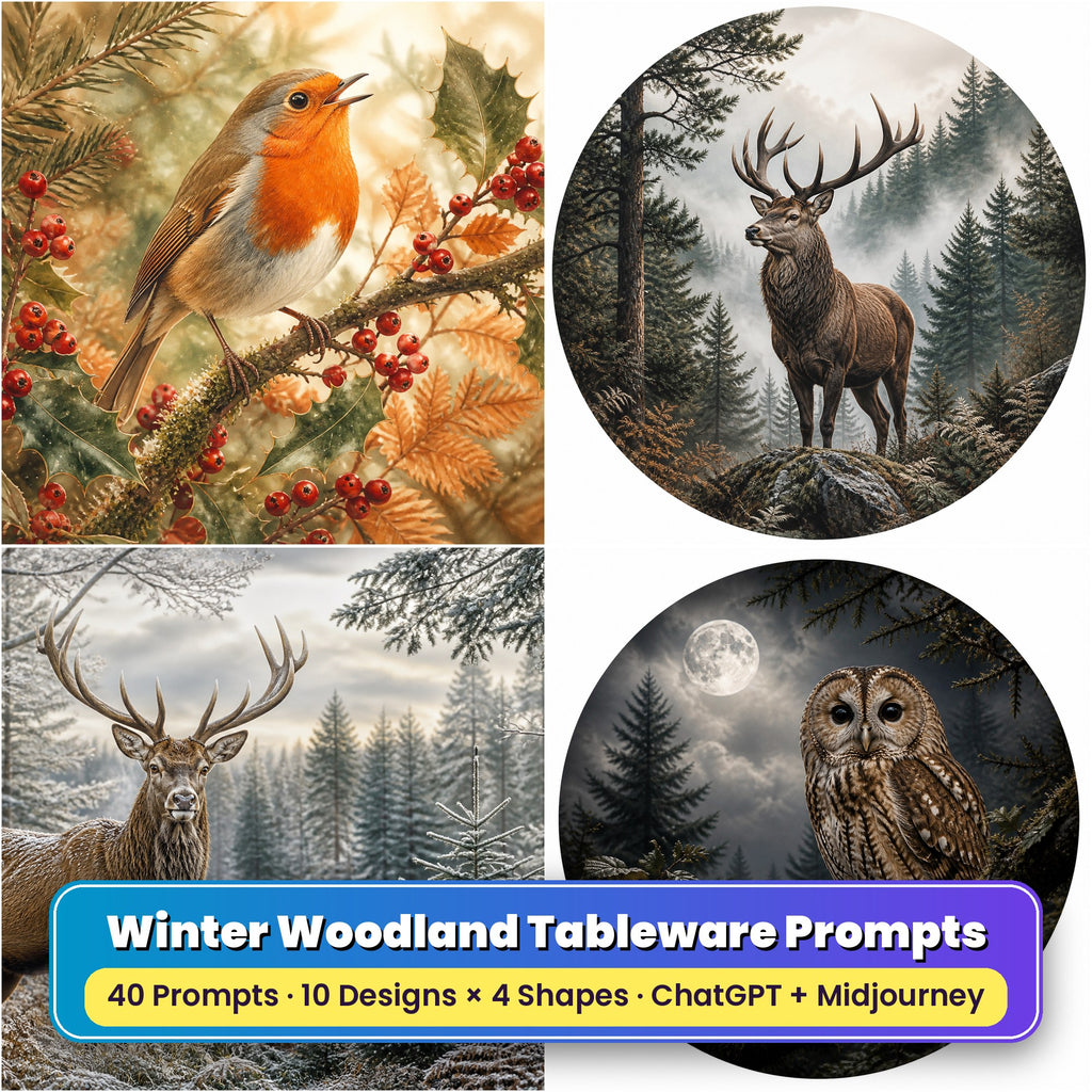 Winter Woodland Tableware Prompt Pack title card: Woodland Robin Song (Square), Stag in Misty Pines (Circular), Winter Stag Woodland (3:2), Tawny Owl and Moonlight (Circular), made with prompts #1, #6, #11, #14