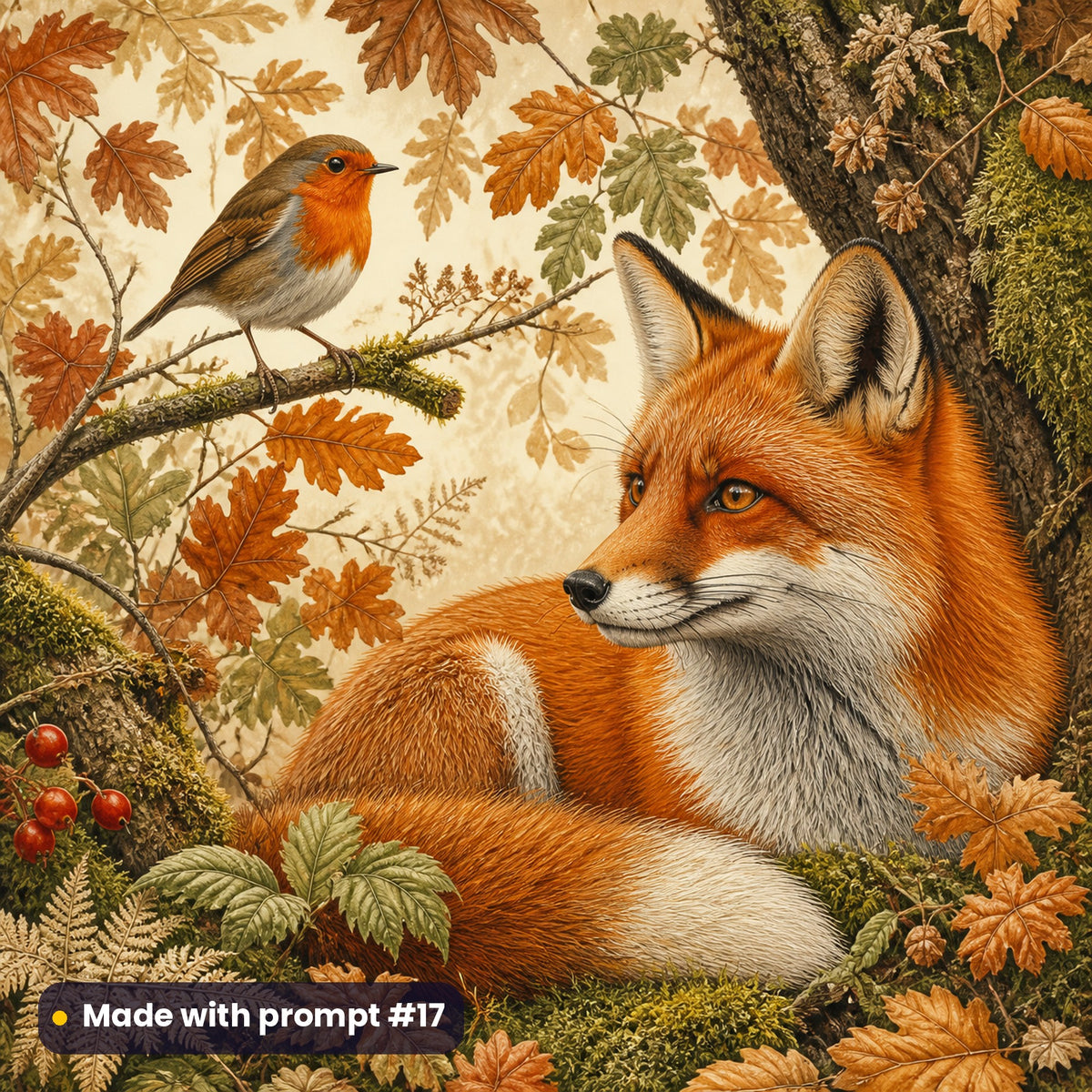 Woodland Fox and Robin winter woodland artwork for a square gift-box lid, made with prompt #17 from the Winter Woodland Tableware Prompt Pack
