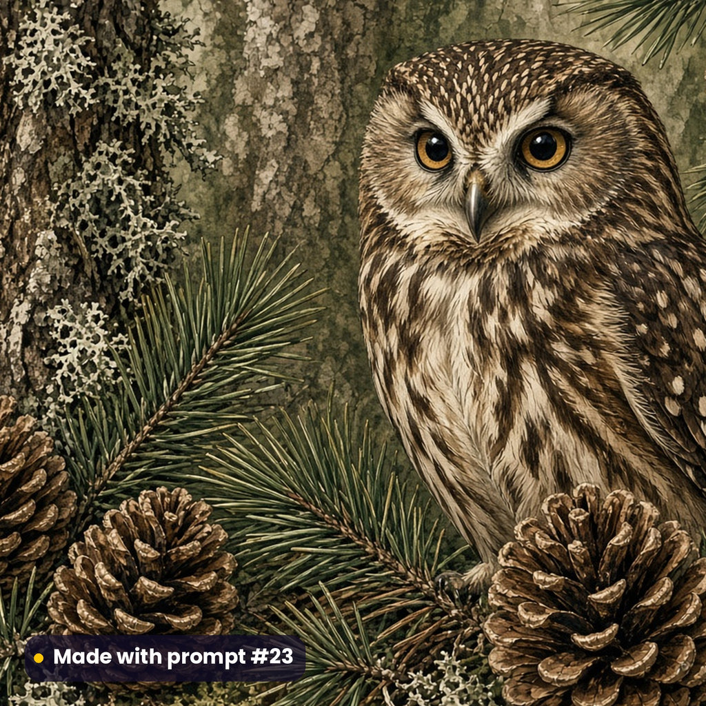 Pinecone and Owl Woodland winter woodland artwork for a serving board, made with prompt #23 from the Winter Woodland Tableware Prompt Pack