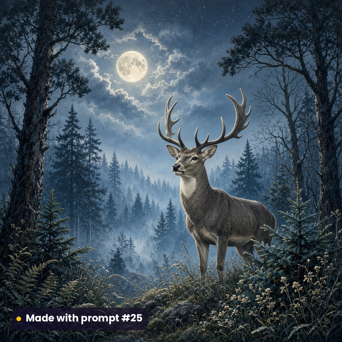 Moonlit Deer Woodland winter woodland artwork for a square slate coaster, made with prompt #25 from the Winter Woodland Tableware Prompt Pack