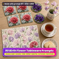Birth flower tableware on a pale oak table: square coasters printed with crimson carnations and frosted foliage, round coasters printed with purple violets on moss with amethyst details, and a placemat printed with pastel sweet peas, beside tea, shortbread and a jug of sweet peas, made with prompt #1 + #22 + #63