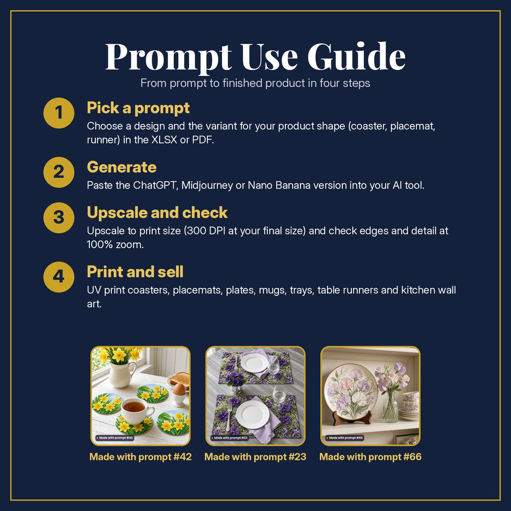 Prompt Use Guide in four steps: pick a prompt, generate, upscale and check, print and sell, with example products made with prompt #42, prompt #23, prompt #66