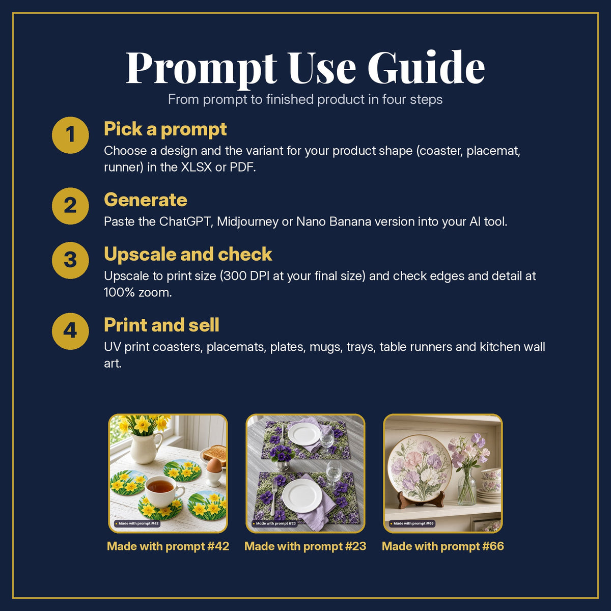 Prompt Use Guide in four steps: pick a prompt, generate, upscale and check, print and sell, with example products made with prompt #42, prompt #23, prompt #66