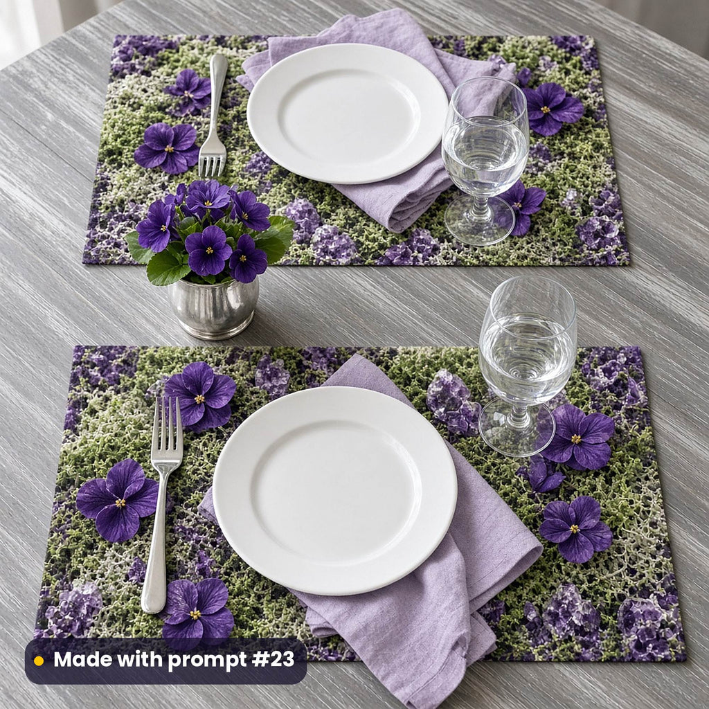 Two placemats printed with deep purple violets in soft moss with amethyst details, set with white plates, lilac napkins and water glasses on a grey table, made with prompt #23