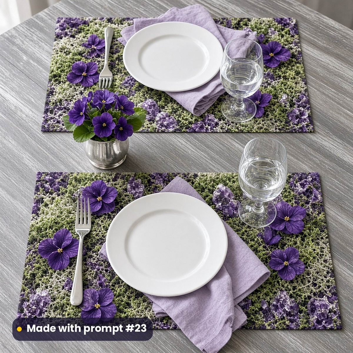 Two placemats printed with deep purple violets in soft moss with amethyst details, set with white plates, lilac napkins and water glasses on a grey table, made with prompt #23