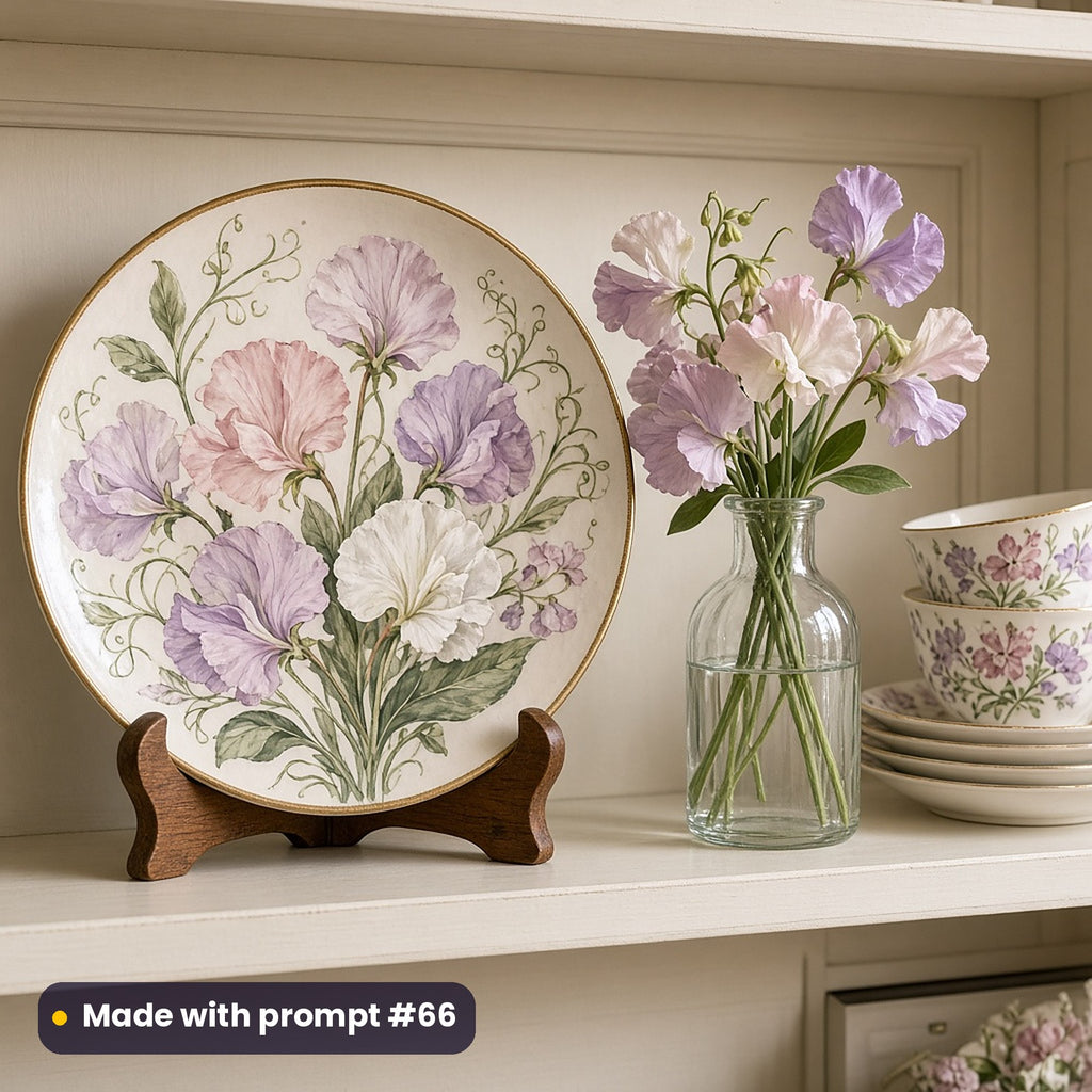 Round plate painted with blush pink, lilac and cream sweet peas with curling tendrils, on a stand on a cream dresser beside fresh sweet peas and floral teacups, made with prompt #66